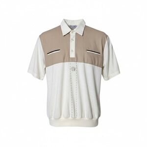 Alan Stuart Knit Polo Shirt Mens M USA Made Tan Retro Bowling Rockabilly VTG